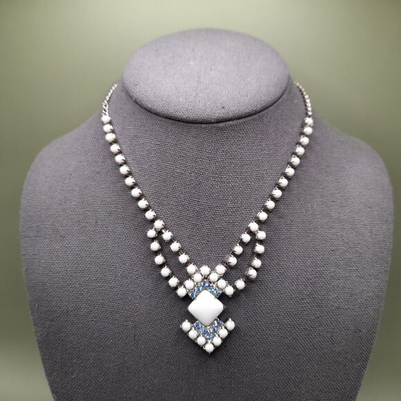 Vintage Milk Glass Soft Blue Rhinestone Necklace Choker Unsigned - Picture 2 of 11